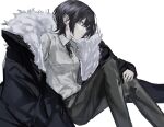  1girl black_coat black_hair black_pants character_request coat collared_shirt copyright_request ear_piercing fur-trimmed_coat fur_trim highres long_sleeves looking_at_viewer pants parted_lips piercing purple_eyes shirt short_hair simple_background solo suimin_(sui_0y0) white_background white_shirt 