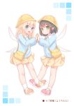  2girls :d bag bangs bare_legs blonde_hair blue_eyes blue_shirt blush brown_hair character_name child closed_mouth collared_shirt doujinshi eyebrows_visible_through_hair fairy fairy_wings from_side full_body gradient green_eyes hands_up hat highres holding_hands kindergarten_uniform leg_up legs_apart long_hair long_sleeves looking_at_viewer looking_to_the_side miniskirt multiple_girls multiple_wings open_mouth orange_footwear original pale_color palms_together pink_footwear pleated_skirt puffy_long_sleeves puffy_sleeves rounded_corners sakurea school_hat shirt shoes short_hair shoulder_bag simple_background skirt smile sneakers socks standing tareme white_background wings yellow_bag yellow_headwear yellow_skirt 