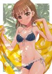  1girl ayuko_(ayuko54bornthisway) bikini black_bikini blurry blurry_background breasts brown_eyes brown_hair cowboy_shot dappled_sunlight front-tie_top halterneck highres looking_at_viewer misaka_mikoto pineapple_print polka_dot polka_dot_bikini short_hair side-tie_bikini small_breasts solo string_bikini sunlight swimsuit toaru_kagaku_no_railgun toaru_majutsu_no_index towel 