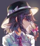  1girl absurdres ayatsuki_sugure black_background bow brown_eyes brown_hair collared_shirt commentary_request fedora hair_ribbon hat hat_bow hat_ribbon highres looking_at_viewer necktie portrait profile red_necktie red_ribbon ribbon shirt short_hair simple_background solo touhou twitter_username upper_body usami_renko white_bow white_ribbon white_shirt wing_collar 