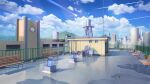  antennae bench bird blue_sky building chinese_commentary city cityscape clock cloud cloudy_sky commentary_request fence flower_pot flying grass highres mountain no_humans original plant reflective_floor rooftop scenery school shooting_star sky skyscraper water_drop xingzhi_lv 