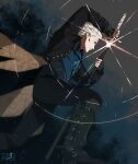  1boy black_coat blue_vest boot_straps boots coat commentary_request devil_may_cry_(series) devil_may_cry_5 fighting_stance fingerless_gloves gloves hair_slicked_back highres katana male_focus print_coat r3dfive sheath solo sword tailcoat vergil_(devil_may_cry) vest weapon white_hair yamato_(sword) 