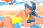  1980s_(style) 1girl 1other ayukawa_madoka bangs beach black_hair blanket blue_eyes can casual_one-piece_swimsuit day eyebrows_visible_through_hair eyewear_removed giving holding holding_can kimagure_orange_road long_hair lying official_art one-piece_swimsuit outdoors retro_artstyle scan soda_can solo_focus swimsuit takada_akemi yellow_swimsuit 
