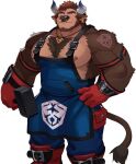 1boy animal_ears another_eidos-r apron bara bare_shoulders beard between_pectorals blue_apron blue_pants brown_fur chest_hair cow_ears cow_horns cow_tail earrings facial_hair feet_out_of_frame furry furry_male harness horn_ornament horn_ring horns jewelry large_pectorals looking_at_viewer male_focus mato_(matomonstera) mature_male minotaur muscular muscular_male nipple_slip nipples no_shirt nose_piercing nose_ring official_art pants pectoral_cleavage pectorals piercing short_hair sidepec sleeveless smile solo tail transparent_background volund_(another_eidos) white_horns 