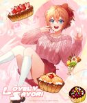  1girl blue_eyes bow bubble character_name cherry chocolate cream cupcake doki_doki_literature_club food fruit heart highres ice_cream kneehighs looking_at_viewer pie pink_sweater red_bow red_ribbon red_skirt ribbon sayori_(doki_doki_literature_club) shoes short_hair skirt smile socks starlike6x6 strawberry sundae sweater white_legwear 