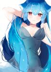  1girl absurdres bao_(vtuber) blue_hair breasts closed_mouth dress eyebrows_visible_through_hair grey_dress highres indie_virtual_youtuber kagefumi liquid_hair long_hair medium_breasts red_eyes simple_background solo virtual_youtuber white_background 