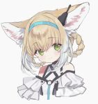  1girl 33bun3 animal_ear_fluff animal_ears arknights bangs bare_shoulders blonde_hair blue_hairband commentary_request eyebrows_visible_through_hair fox_ears frills green_eyes hair_intakes hairband looking_at_viewer multicolored_hair simple_background smile solo suzuran_(arknights) upper_body white_background white_hair 