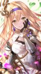  1girl armor bangs black_gloves blonde_hair breasts cleavage cleavage_cutout clothing_cutout commentary dress earrings elbow_gloves enyo_(granblue_fantasy) gloves granblue_fantasy green_eyes hairband hand_on_own_cheek hand_on_own_face highres jewelry lips long_hair looking_at_viewer medium_breasts petals shoulder_armor sleeveless sleeveless_dress smile solo suzu_(suzuame329) teeth upper_body vambraces white_dress 
