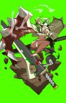  1girl absurdres bare_legs barefoot beltbra breasts cape clover dark-skinned_female dark_skin floating four-leaf_clover from_side green_background guilty_gear guilty_gear_xrd hat highres huge_weapon large_breasts leg_up long_hair midriff navel open_mouth platinum_blonde_hair ramlethal_valentine short_shorts shorts simple_background solo stomach sword thigh_strap tlotro underboob weapon white_cape yellow_eyes 
