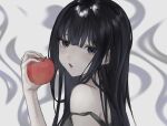  1girl apple bare_shoulders black_eyes black_hair black_tank_top character_request commentary copyright_request fang food from_side fruit grey_background hand_up highres holding holding_food holding_fruit long_hair looking_at_viewer parted_lips skin_fang solo strap_slip suimin_(sui_0y0) tank_top 