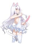  1girl animal_ears bangs bare_shoulders bell breasts brown_eyes cat_ears cat_tail dress fairy_knight_lancelot_(fate) fate/grand_order fate_(series) jingle_bell long_hair looking_at_viewer looking_back neck_bell open_mouth shoe-ji short_dress sidelocks small_breasts solo tail thighs white_dress white_hair 