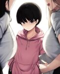  1boy 2girls age_difference androgynous black_eyes black_hair breasts ddangbi evil_grin evil_smile grin looking_at_viewer male_focus multiple_girls original smile sweat sweater 