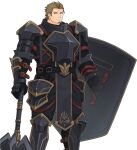  1boy another_eidos-r armor axe bara black_armor breastplate facial_hair feet_out_of_frame goatee gymnos_(another_eidos) hair_slicked_back harada_(basashi) holding holding_axe holding_shield huge_weapon long_sideburns looking_at_viewer male_focus mature_male official_art pauldrons shield short_hair shoulder_armor sideburns solo standing transparent_background vambraces weapon 
