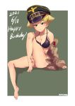  1girl 9s0ykoyama117 absurdres artist_name barefoot bikini black_bikini blonde_hair border breasts brown_eyes brown_jacket cleavage closed_mouth commentary dated english_text erwin_(girls_und_panzer) girls_und_panzer goggles goggles_on_headwear green_headwear grey_background half-closed_eyes halterneck hand_on_own_knee happy_birthday hat highres jacket knees_up long_sleeves looking_at_viewer medium_breasts military_hat military_jacket off_shoulder open_clothes open_jacket outside_border peaked_cap pointy_hair short_hair sitting smile solo swimsuit white_border 