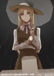  1girl blonde_hair brown_eyes brown_headwear brown_skirt brown_vest collared_shirt eyebrows_visible_through_hair frilled_hat frills hat hat_feather highres jacket_girl_(dipp) laspberry. long_hair rain red_neckwear red_ribbon ribbon shirt skirt touhou translation_request umbrella very_long_hair vest water_drop wet wet_clothes white_shirt 