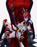  1boy absurdres axescr blue_eyes boots cape closed_mouth crown gloves highres holding holding_staff jewelry looking_at_viewer male_focus red_hair riddle_rosehearts royal scepter solo staff throne twisted_wonderland 