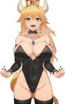  1girl absurdres ass_visible_through_thighs black_legwear black_leotard black_nails black_sleeves blonde_hair blue_eyes bowsette bracelet breasts collar collarbone commentary detached_sleeves fingernails genderswap genderswap_(mtf) groin highres horns jewelry k.pumpkin large_breasts leotard mario_(series) mole mole_under_mouth necklace new_super_mario_bros._u_deluxe sharp_teeth simple_background solo spiked_bracelet spiked_collar spiked_tail spikes super_crown symbol-only_commentary tail teeth thighhighs thighs tongue white_background 