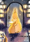  animal bunny bush door hiyoko_(octweb) hug lantern no_humans original outdoors scenery snow whiskers window yellow_fur 
