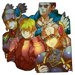  2boys 2girls armor arngrim blue_armor helmet highres hrist_valkyrie lenneth_valkyrie long_hair low-braided_long_hair lucian multiple_boys multiple_girls red_armor shoulder_armor shoulder_pads tanokura_mon valkyrie valkyrie_profile winged_helmet 