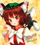  1girl animal_ear_fluff animal_ears bow bowtie breasts brown_eyes brown_hair cat_ears cat_tail chen dress earrings eyebrows_visible_through_hair green_headwear hat jewelry looking_at_viewer mob_cap multiple_tails paw_pose puffy_short_sleeves puffy_sleeves qqqrinkappp red_dress shikishi shirt short_hair short_sleeves signature single_earring small_breasts solo tail tongue tongue_out touhou traditional_media two_tails upper_body white_bow white_bowtie white_shirt yellow_background 