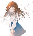  1girl bangs blue_eyes blue_skirt blurry blurry_background brown_hair collared_shirt commentary_request eyebrows_visible_through_hair highres long_hair long_sleeves original petals shirt skirt solo tearing_up tears warabimoti_yoz white_shirt 