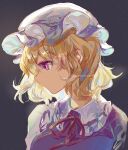  1girl absurdres ayatsuki_sugure bangs black_background blonde_hair commentary_request dress frilled_shirt_collar frills hat highres looking_to_the_side maribel_hearn mob_cap portrait purple_dress purple_eyes red_neckwear red_ribbon ribbon short_hair simple_background solo touhou twitter_username upper_body 