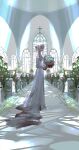  1girl absurdres blood bouquet bride buttoniris commentary cross dress english_commentary flower from_side hair_bun highres holding holding_bouquet holding_flower latin_cross looking_at_viewer looking_to_the_side original pink_eyes solo standing two_(buttoniris) wedding_dress white_dress 