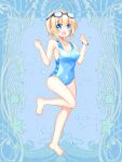  1girl :d bangs bare_arms bare_legs bare_shoulders barefoot blonde_hair blue_eyes blue_swimsuit blush breasts casual_one-piece_swimsuit cleavage commentary_request copyright_request covered_navel eyebrows_visible_through_hair full_body goggles goggles_on_head hair_between_eyes hands_up highres looking_at_viewer medium_breasts official_art one-piece_swimsuit shikito short_hair smile solo standing standing_on_one_leg swimsuit water_drop 