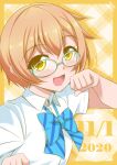  1girl absurdres bangs birthday blush breasts bunji commentary dated eyebrows_visible_through_hair glasses green-framed_eyewear highres hoshizora_rin looking_at_viewer love_live! love_live!_school_idol_project orange_hair shiny shiny_hair short_hair signature small_breasts solo upper_body yellow_eyes 