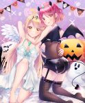  2girls absurdres amanoru_mozuku angel angel_wings breasts demon demon_wings halloween halloween_costume highres multiple_girls mythra_(xenoblade) pumpkin pyra_(xenoblade) wings xenoblade_chronicles_(series) xenoblade_chronicles_2 