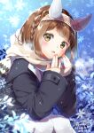  1girl absurdres animal_ears blush brown_eyes brown_hair coat commentary dated headband highres horse_ears horse_girl looking_at_viewer medium_hair natsuru08 scarf signature snow snowing solo umamusume winter_clothes winter_coat yukino_bijin_(umamusume) 