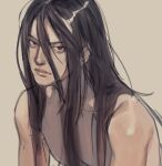  1boy black_hair closed_mouth collarbone danganronpa_(series) danganronpa_2:_goodbye_despair grey_background hair_between_eyes highres kamukura_izuru long_hair looking_at_viewer male_focus nude red_eyes rei_(tdn_ng) shiny shiny_hair shiny_skin sketch solo upper_body 