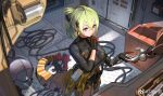  1girl ahoge black_shirt breasts cable chinese_commentary clay_(clayjun) clothes_around_waist commentary_request cowboy_shot de_lacey_(girls&#039;_frontline_nc) from_above girls&#039;_frontline girls&#039;_frontline_neural_cloud gloves green_eyes hair_between_eyes hand_on_own_chin highres jacket jacket_around_waist large_breasts mechanical_arms mechanical_tail mole mole_under_mouth purple_eyes shirt shorts single_mechanical_arm solo star-shaped_pupils star_(symbol) symbol-shaped_pupils tail weibo_username yellow_jacket 