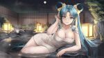  1girl absurdres adjusting_hair bangs bathhouse blue_eyes blue_hair breasts cleavage dripping elbow_rest full_moon grin hair_ribbon highres in_water lantern large_breasts lillly looking_at_viewer lying moon naked_towel on_side original outdoors parted_bangs ribbon seductive_smile smile solo thighs towel twintails wet 