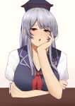  1girl absurdres bangs blue_headwear breasts eyebrows_visible_through_hair grey_hair hand_on_own_face highres kamishirasawa_keine keenii_(kenny86) large_breasts long_hair looking_at_viewer open_mouth red_eyes red_neckwear simple_background solo touhou upper_body 