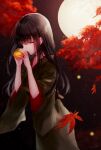  1girl black_hair closed_eyes closed_mouth commentary_request epiphyllum final_fantasy final_fantasy_xiv food fruit full_moon hakama hands_up highres hime_cut japanese_clothes kimono kohina27831 leaf lips lipstick long_hair makeup maple_leaf maple_tree mole mole_under_mouth moon night night_sky outdoors persimmon sidelocks signature sky solo tree wind yellow_moon yotsuyu_(ff14) 