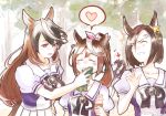  4girls ^^^ air_groove_(umamusume) anger_vein animal_ears bandaid bandaid_on_nose bangs black_hair bow bowtie brown_hair closed_eyes collarbone commentary earrings eyebrows_visible_through_hair food food_on_face hair_flaps heart high_ponytail highres holding_handkerchief horse_ears horse_girl horse_tail ice_cream jewelry long_hair mouth_hold multiple_girls musical_note narita_brian_(umamusume) pink_bow pleated_skirt puffy_short_sleeves puffy_sleeves purple_bow purple_bowtie purple_eyes purple_shirt sailor_collar sailor_shirt school_uniform shiny shiny_hair shirt short_sleeves sidelocks silver_hair single_earring skirt spoken_heart spoken_musical_note stalk_in_mouth summer_uniform symboli_rudolf_(umamusume) tail thighhighs tokai_teio_(umamusume) tracen_school_uniform umamusume white_legwear white_skirt wiping_mouth yellow_bow yuhkiano 