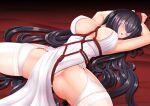  1girl azur_lane bdsm black_hair blindfold bondage bound breasts commentary dress english_commentary garter_straps hexelica large_breasts long_hair lying official_alternate_costume on_back satin_dress shibari solo spread_legs taihou_(azur_lane) taihou_(temptation_on_the_sea_breeze)_(azur_lane) very_long_hair wedding_dress white_dress 