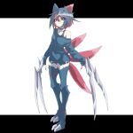  1girl animal_ears aqua_hair aqua_legwear bangs claws closed_mouth collar collarbone commentary_request eyelashes full_body hair_between_eyes highres medium_hair multicolored_hair off_shoulder personification pokemon red_eyes red_hair shimaumayamada smile sneasel solo standing thighhighs torn_clothes two-tone_hair 