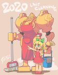  apron artist_name bangs blonde_hair blue_eyes blunt_bangs bow bucket capcom commentary_request company_connection dress english_text feather_duster full_body green_bow hair_bow holding holding_bucket holding_mop long_hair mega_man_(classic) mega_man_(series) mop open_mouth phobos_(vampire) pointing ponytail red_dress red_footwear roll_(mega_man) shisui shoes sleeveless sleeveless_dress smile vampire_(game) 