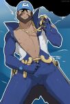  1boy anchor_necklace archie_(pokemon) ass_visible_through_thighs bandana bara bare_pectorals beard black_eyes blue_bandana blue_bodysuit bodysuit brown_hair bulge chain_belt closed_mouth come_hither commentary dark-skinned_male dark_skin english_commentary erection erection_under_clothes facial_hair hand_on_hip hand_up highres holding logo male_focus male_pubic_hair mugheyart multicolored_bodysuit multicolored_clothes muscular muscular_male mustache nipples pectorals pokemon pokemon_(game) pokemon_oras pubic_hair seductive_smile short_hair smile solo team_aqua thick_thighs thighs torn_bodysuit torn_clothes undressing unzipped unzipping waist_cape wetsuit white_bodysuit yellow_belt 
