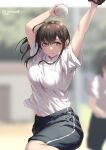  1girl arms_up aya_(jonsun) ball baseball baseball_mitt black_hair black_shorts blurry blurry_background blush breasts brown_eyes closed_mouth commentary_request day holding holding_ball jonsun large_breasts long_hair looking_to_the_side original outdoors playing_sports shirt shirt_tucked_in short_sleeves shorts softball solo_focus twitter_username white_shirt 