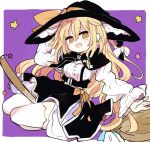  1girl 76gpo bangs black_headwear blonde_hair border bow broom broom_riding eyebrows_visible_through_hair hair_between_eyes hat hat_ribbon juliet_sleeves kirisame_marisa long_hair long_sleeves looking_at_viewer open_mouth puffy_sleeves purple_background ribbon simple_background smile solo star_(symbol) thighhighs touhou white_border white_bow white_legwear witch witch_hat yellow_eyes yellow_ribbon 