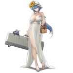  1girl bag bare_shoulders bikini blue_hair blue_nails breasts brown_bag camera_phone cleavage closed_mouth collarbone dinergate_(girls&#039;_frontline) dp-12_(girls&#039;_frontline) dress eyebrows_visible_through_hair floor flower girls&#039;_frontline grey_eyes hand_up hat hat_flower highres holding holding_bag holding_case jewelry ksvk_(girls&#039;_frontline) large_breasts legs long_hair looking_at_viewer multicolored_hair nail_polish necklace official_art pandea_work sandals smile solo standing summer sun_hat swimsuit toenails transparent_background viewfinder weapon_case white_bikini white_dress white_headwear white_swimsuit 