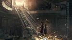  2others ambiguous_gender balloon cloud coat commentary dress escalator fen_fen_fen_fen hat highres holding holding_balloon long_sleeves multiple_others open_clothes open_coat original overgrown railing ruins scenery silhouette sunlight sunset trash witch_hat 