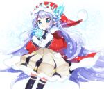  1girl bangs blue_eyes blue_hair dragalia_lost eyebrows_visible_through_hair fmist_0245 gift hat holding holding_gift lily_(granblue_fantasy) long_hair looking_at_viewer pointy_ears santa_hat skirt smile solo very_long_hair 