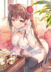  1girl :q bamboo_steamer baozi bare_arms bare_shoulders black_legwear bracelet breasts brown_hair bun_cover china_dress chinese_clothes cleavage closed_mouth clothing_cutout commentary_request cup double_bun dress earrings food gold_trim hair_ornament hairclip hand_up highres jewelry kneeling large_breasts lattice long_hair looking_at_viewer miwabe_sakura no_panties no_shoes original pelvic_curtain pillow sitting skindentation sleeveless sleeveless_dress smile solo teacup teapot thighhighs thighs tongue tongue_out transparent twintails very_long_hair white_dress yellow_eyes 