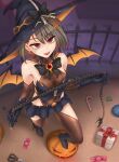  1girl bangs black_gloves black_hair black_legwear box breasts candy candy_cane demon_wings earrings elbow_gloves eyebrows_visible_through_hair food from_above gift gift_box gloves hair_ornament halloween hat highleg highleg_leotard jack-o&#039;-lantern jack-o&#039;-lantern_hair_ornament jewelry leotard looking_at_viewer nm_(tshell2761) original red_eyes see-through short_hair skirt small_breasts solo thighhighs whip wings witch_hat 