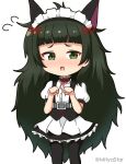  1girl alternate_costume animal_ears apron bangs black_legwear black_skirt blunt_bangs blush cat_ears chibi commentary_request enmaided feet_out_of_frame flying_sweatdrops frilled_skirt frills green_eyes green_hair hands_up highres hiyajou_maho long_hair maid maid_headdress mitya nose_blush open_mouth pantyhose paw_pose puffy_short_sleeves puffy_sleeves shirt short_eyebrows short_sleeves simple_background skirt solo standing steins;gate steins;gate_0 thick_eyebrows twitter_username very_long_hair waist_apron white_apron white_background white_shirt 