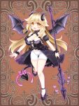  1girl :d ass_visible_through_thighs bangs bare_shoulders black_dress black_sleeves black_wings blonde_hair blush breasts brown_eyes cleavage commentary_request copyright_request demon_girl demon_horns demon_tail demon_wings detached_sleeves dress eyebrows_visible_through_hair frilled_dress frills full_body hair_between_eyes heart holding holding_polearm holding_weapon horns long_hair looking_at_viewer medium_breasts navel official_art pink_ribbon polearm puffy_short_sleeves puffy_sleeves ribbon shikito short_shorts short_sleeves shorts smile solo spear standing standing_on_one_leg tail tail_ornament tail_ribbon thigh_gap very_long_hair weapon white_shorts wings wrist_cuffs 